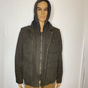 Pronto Uomo Blue  Utility Hooded Jacket Canvas Men’s Size L Zip Up Pockets Brown